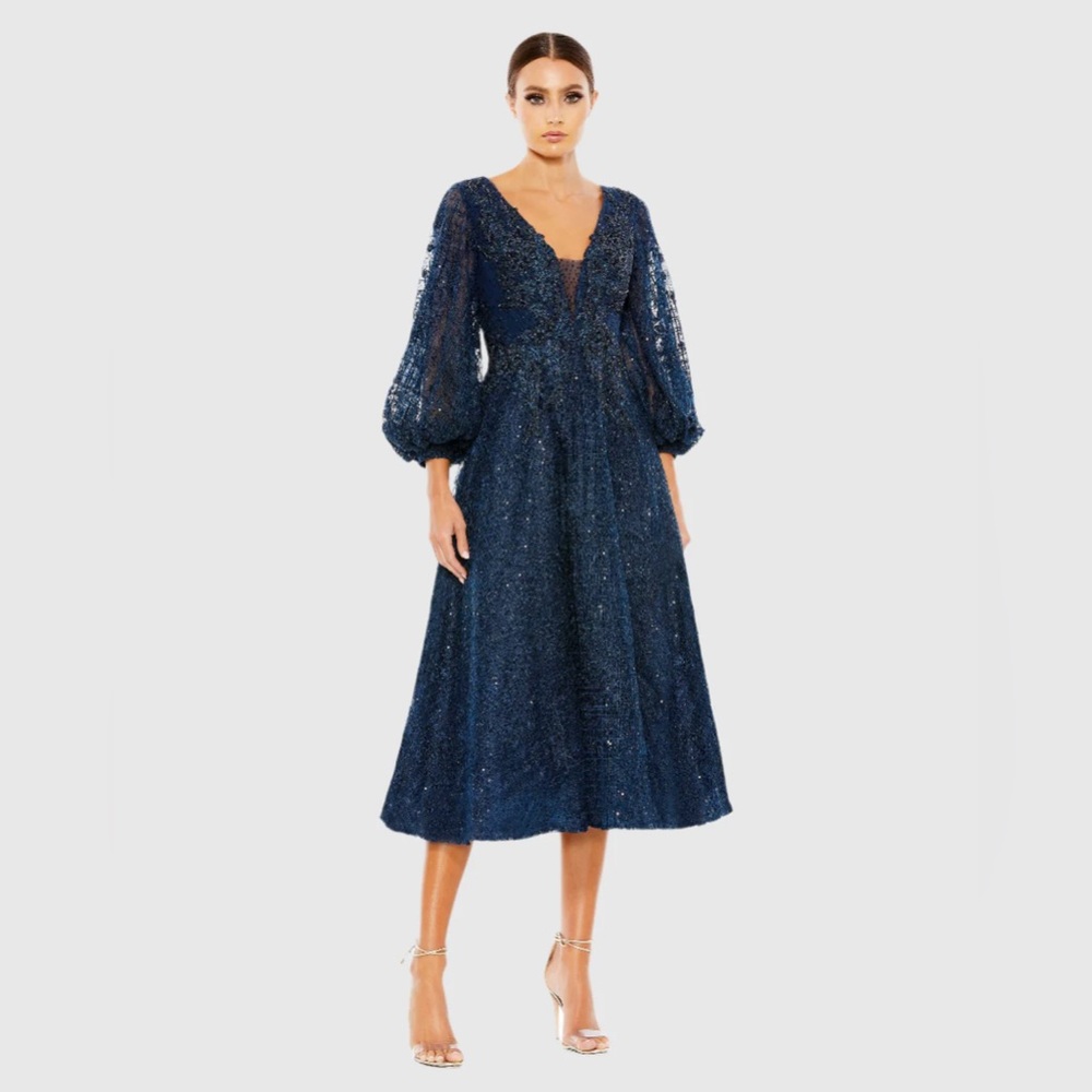Mac Duggal 20391 Embellished Plunge Neck Bishop‎ Sleeve Dress Sz 4 Midnight